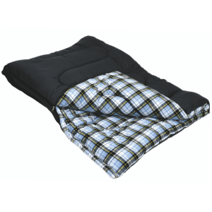 an image showing a blue and grey lined checked sleeping bag