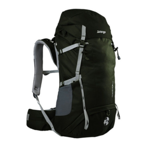 an image showing a vango Denali rucksack with bottle green fabric and light grey straps