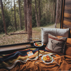 An image showing a reading nook in a wooden lodge window. Striped, knitted blanket with an array of cosy cushions. a plate with a meal and a book sit on top. 