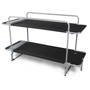 an image of a children camp bed with black canvas and silver structure