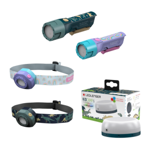 An image showing a range of kids camping head torches and lights in dinosaur print and unicorn print