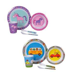an image showing kids camping melamine sets. A plate, bowl, cup and cutlery set in unicorn design and animal vehicle set.