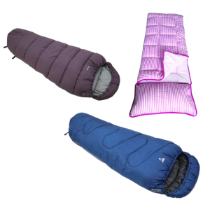 an image showing a range of kids sleeping bags. One is purple, mummy shape one is blue and mummy shape and the other pink, ticking stripe rectangular shaped. 