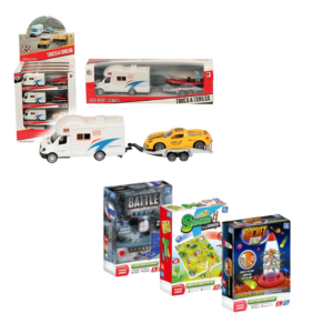 image showing a range of camping themed games like a toy caravan towing a car and pocket sized classic games. 