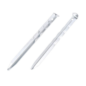 An image showing v-shaped camping pegs, stainless steel with ribbed sides. 